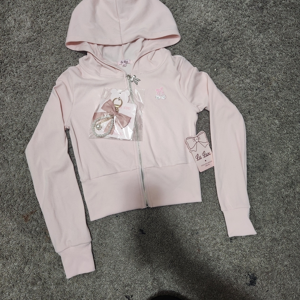 Lux Light Pink Hooded Zip Sweatshirt with Bow Keychain - Picture 2 of 7